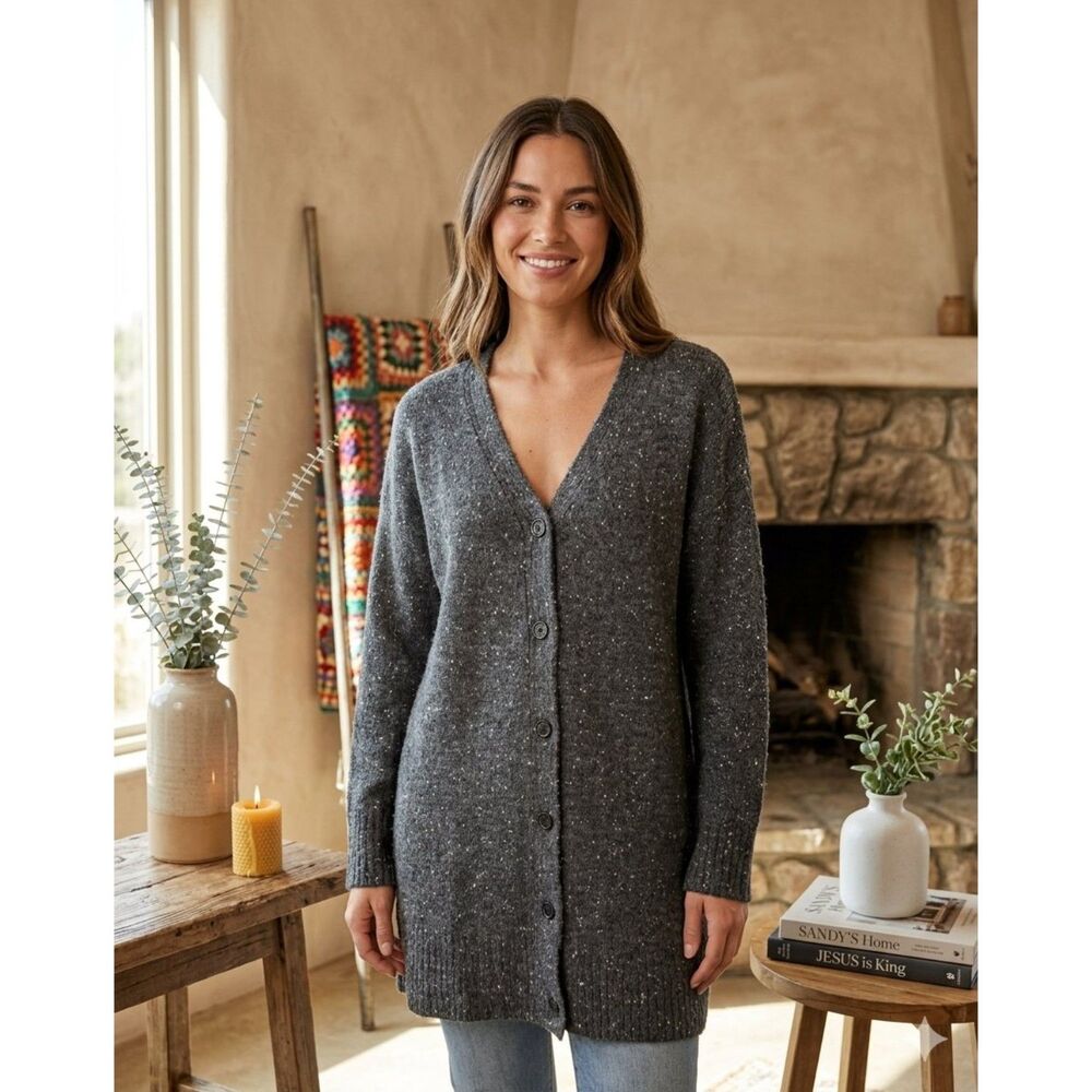ZARA Cardigan Sweater Womens S Gray Speckled Open Front Alpaca Feel Knit